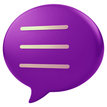 A purple chat bubble icon has three horizontal lines inside. png