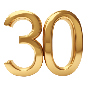 The image shows a shiny gold 3D number 30 png