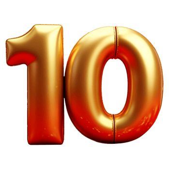 A golden balloon number 10 floats against png
