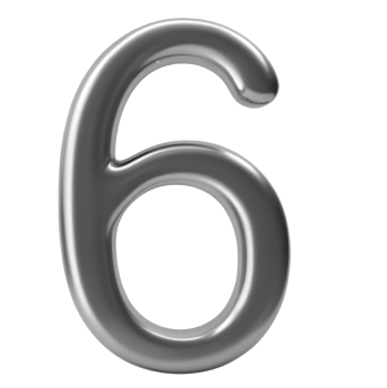 A shiny gray number six, 6, sits on a transparent background. png