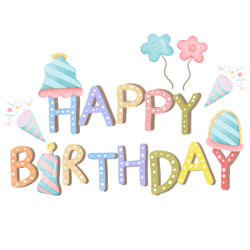 Happy birthday text colorful with candle paper shoot and hat clipart png