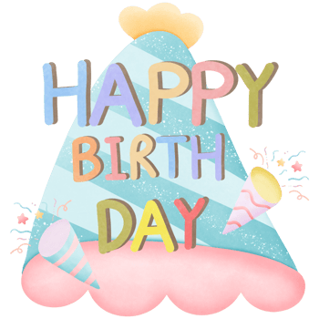 Happy birthday text colorful with paper shoot and hat clipart png
