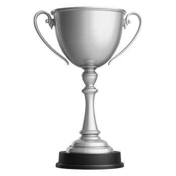 A silver trophy with two handles sits on a black base. png
