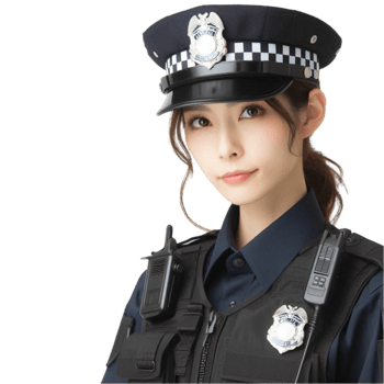 Young Female Police Officer in Uniform with Hat, Badge, and Radio png