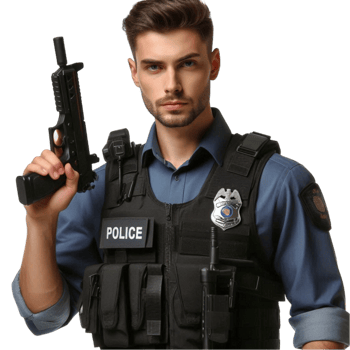 Serious Young Police Officer Holding Gun in Uniform png