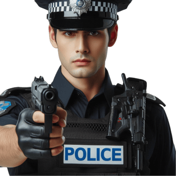 Police Officer Holding Gun and Badge in Uniform png