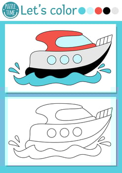 Transportation coloring page for children with speedboat. water transport outline illustration with cute boat. Color book for kids with colored example. Drawing skills printable worksheet vector