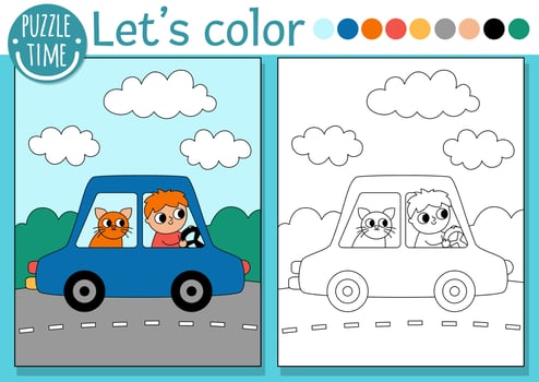 Transportation coloring page for children with car, driver, cat. water transport outline illustration. Color book for kids with colored example. Drawing skills printable worksheet vector