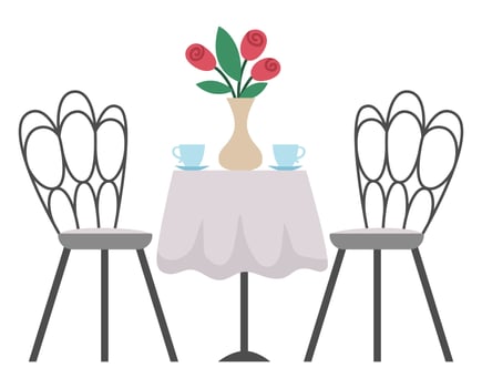 flat style table with chairs, vase with flowers, coffee cups. Cute piece of furniture. French symbol icon isolated on white background. Romantic cafe scene illustration vector