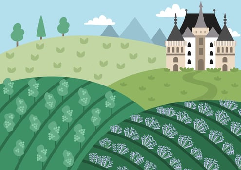 French landscape with wine yard and lavender field. European farm illustration. Rural village scene with trees, castle, mountains. Cute nature background with meadow, garden vector