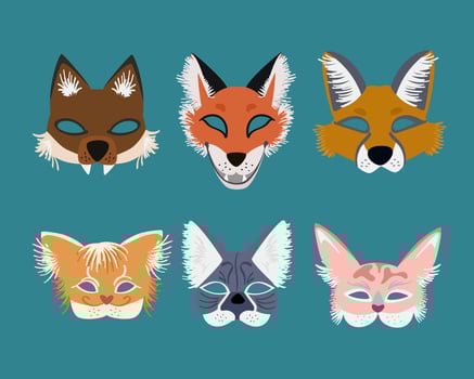 Set of animal masks cat, fox, wolf. Quadrobics fandom subculture. Decoration for carnival or Therianthropy, disguise. vector