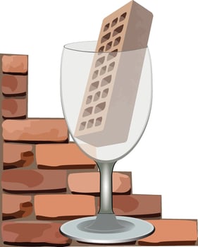Brick inside a wine glass standing next to a brick wall vector