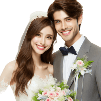 Bride in White Dress, Groom in Gray Suit png