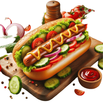 Hot Dog with Various Toppings on Wooden Cutting Board png