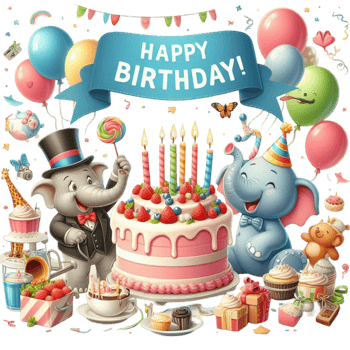 Birthday Celebration Scene with Colorful Characters and Balloons png