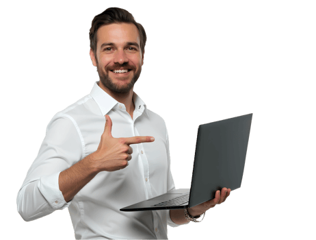 Smiling man holding and pointing at laptop on transparent background, professional young businessman or student work on PC computer for startup digital marketing entrepreneur success ad banner png