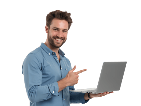 Man Holding Laptop on Transparent Background, Young Professional Businessman or Student Working on Computer for Digital Marketing, Startup Success, and Entrepreneur Banner Ads png