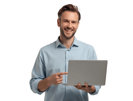 Smiling Man Pointing at Laptop on Transparent Background, Young Businessman or Student Using PC for Startup, Digital Marketing, and Entrepreneur Success Ad Banner png
