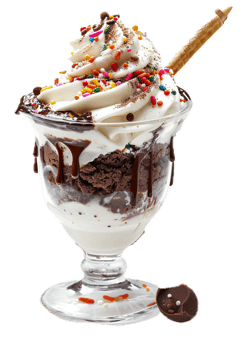 Delicious ice cream sundae topped with chocolate chunks and syrup. png