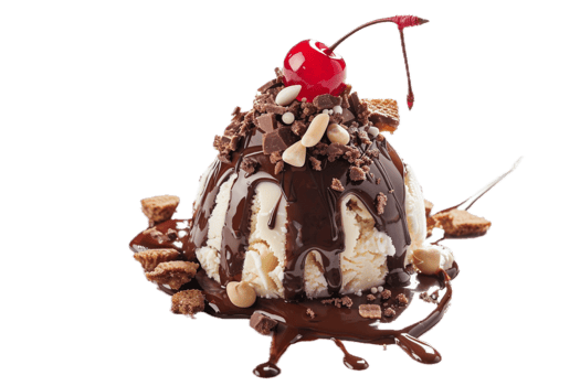 Vanilla ice cream with chocolate sauce and crunchy topping. png