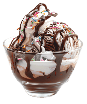 Creamy vanilla ice cream topped with chocolate drizzle and sprinkles. png