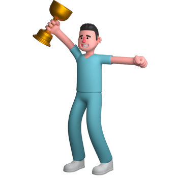 Animated Professional Male Nurse. A male nurse is standing with his right hand holding a trophy. 3D png