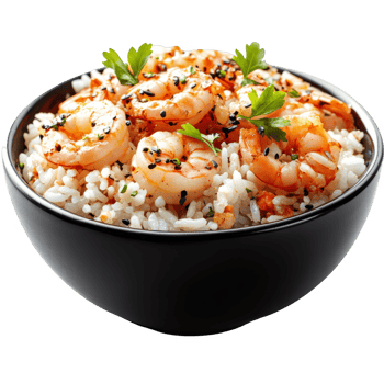 rice with shrimps in black bowl transparent background png