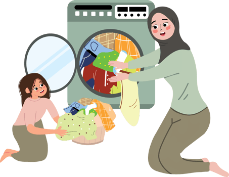 A woman and a child are putting clothes in a washing machine png