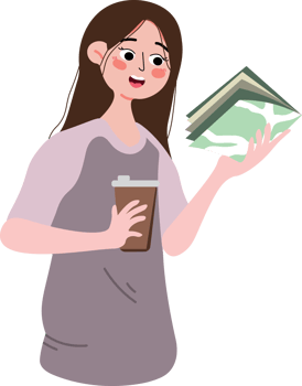 A cartoon woman holding a stack of money and a cup of coffee png