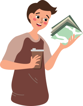 A cartoon man holding a stack of money and a cup of coffee png