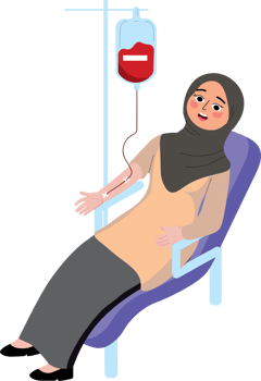 A woman in a hijab is sitting in a chair with a blood bag png