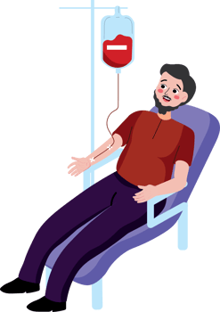 A man is sitting in a chair with a blood bag png