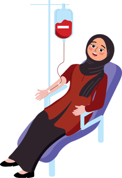 A woman in a hijab is sitting in a chair with a blood bag png