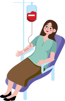 A woman is sitting in a chair with a blood bag png
