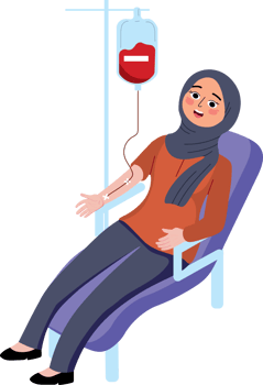 A woman in a hijab is sitting in a chair with a blood bag png