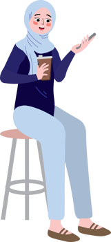 A cartoon woman wearing a hijab sitting on a stool holding a cup of coffee png