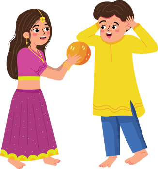 Girl Giving a Jumbo Ladoo to Friend During Diwali Celebration png