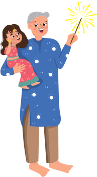 Grandfather Holding Grandchild While Playing with Fireworks on Diwali Night png