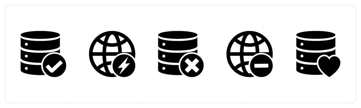 A set of 5 Internet icons as approved server, global, wrong server vector