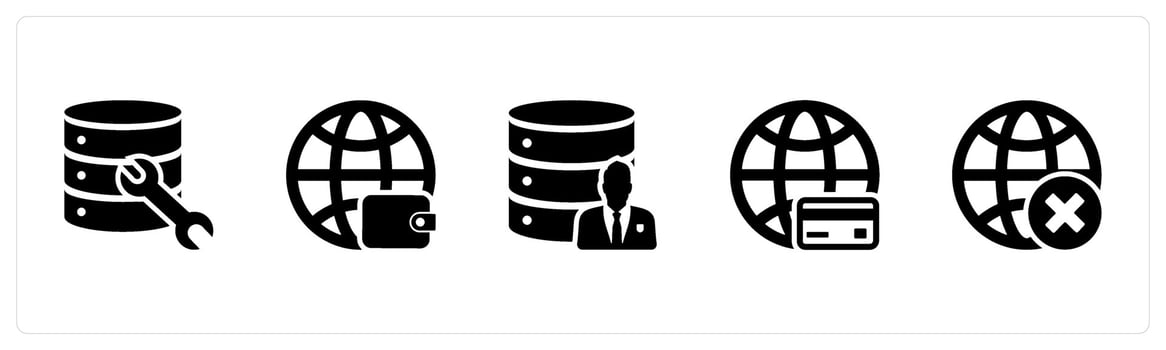 A set of 5 Internet icons as server maintenance, global wallet, private server vector