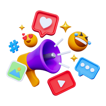 A purple megaphone with various emoticons and social media icons png