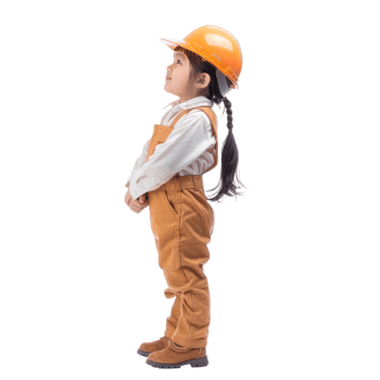 Smiling little girl wearing hard hat engineer uniform standing side view isolate on transparency background png