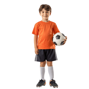 Little boy in football clothes standing with ball under arm front view isolate on transparency background png