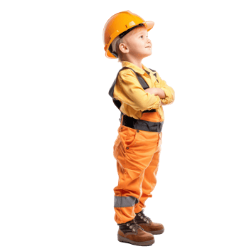 Smiling little boy wearing hard hat construction worker uniform standing side view isolate on transparency background png