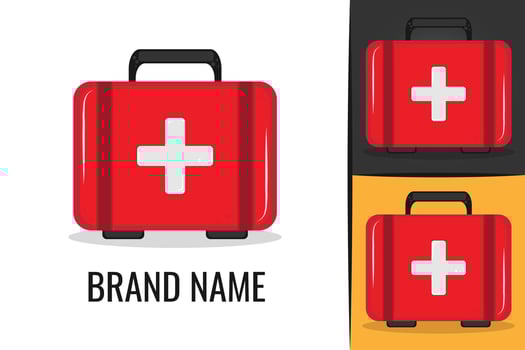 First aid kit logo. Cross safety medic treatment ambulance logotype. Medical bag icon logo vector
