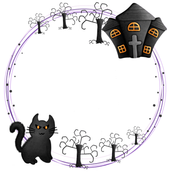 Halloween border circle frame with house tree and black cat isolated on transparent background png