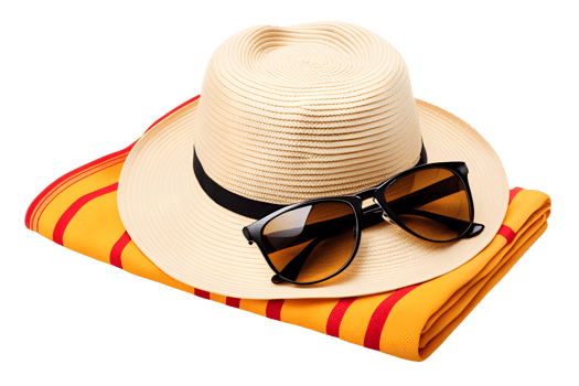 Hat and Sunglasses on Beach Towel Isolated on Transparent Background png