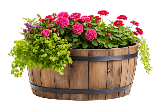 Garden Charm Barrel Planter Isolated on Transparent Background png