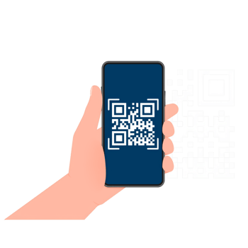 Hand holds phone with scan qr code to pay on screen. Phone on blue background. illustration. png