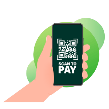 Hand holds phone with scan qr code to pay on screen. Phone on green background. illustration. png